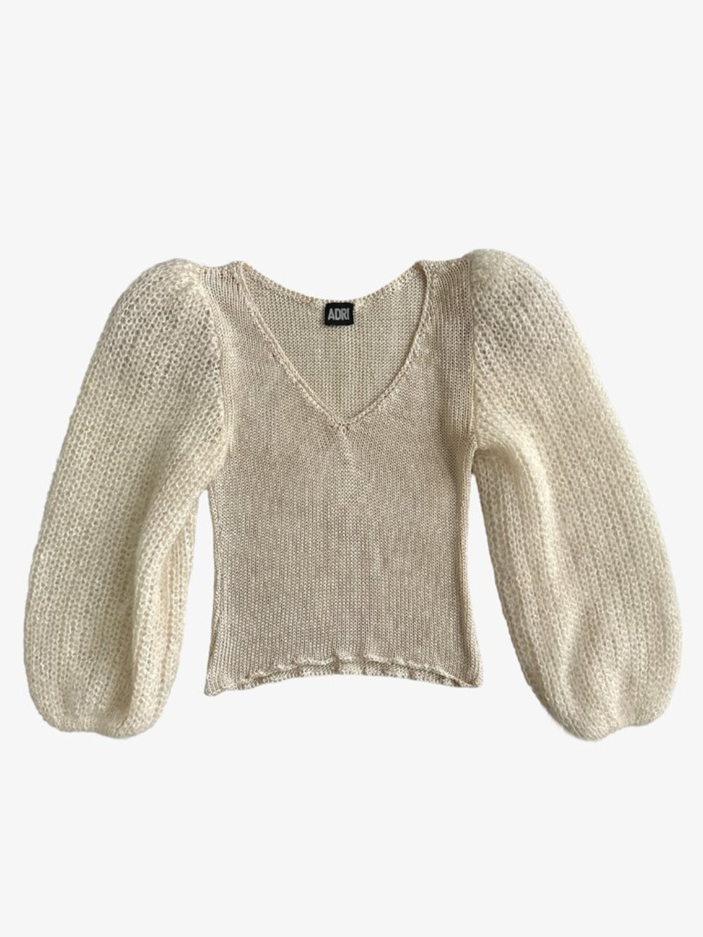 Vintage 80's Cream Plunge Neck Crochet Knit Balloon Sleeve Top by Adri